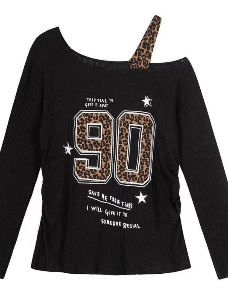 Embroidery - T-shirt Y2K patchwork imprimé léopard pour