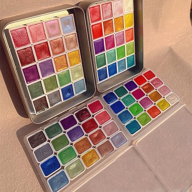 Watercolor Paint Set Solid Pigment - Peintures nacrées portables, 20 couleurs, ensemble